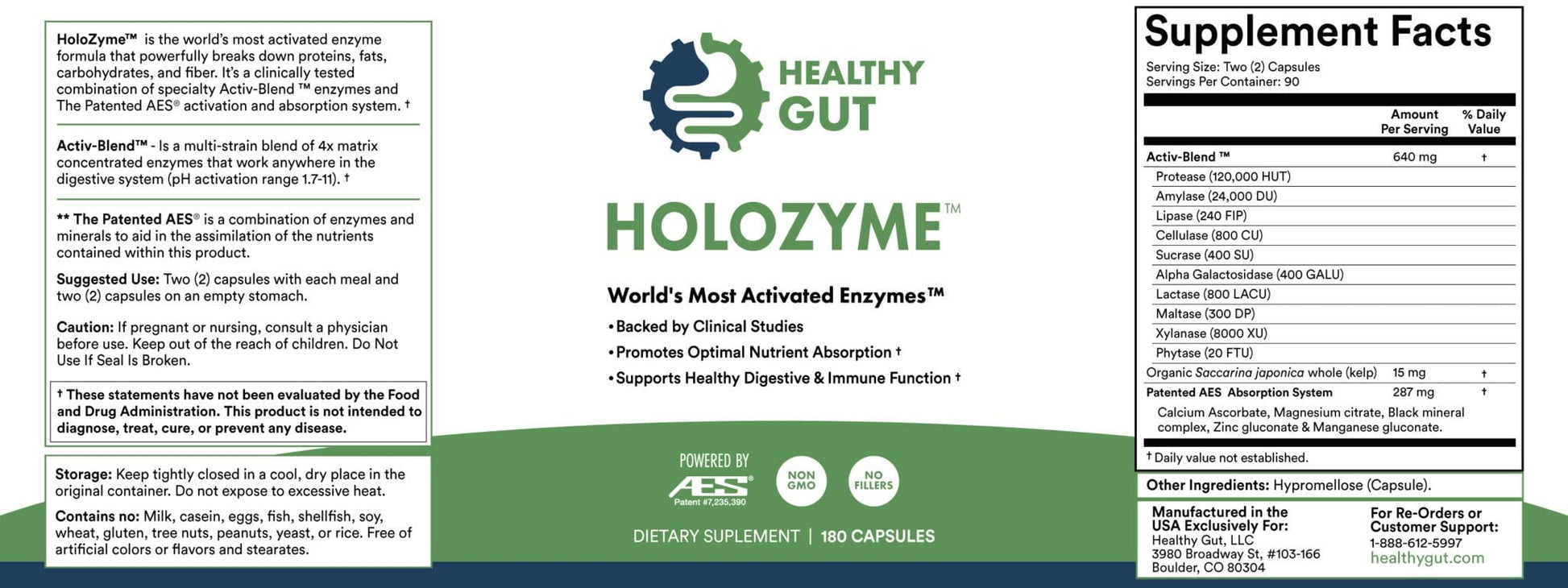 Holozyme Healthy Gut supplement label with text and logo