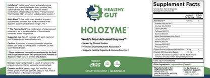 Holozyme Healthy Gut supplement label with text and logo