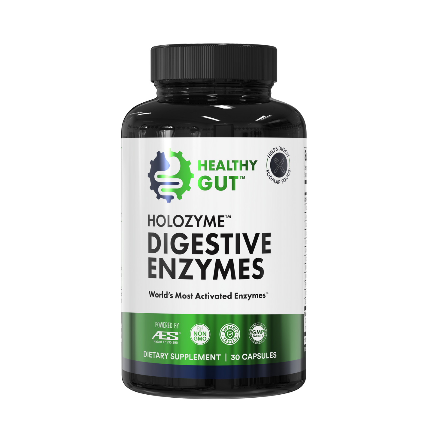 HoloZyme Digestive Enzymes supplement bottle for optimal nutrient absorption by Healthy Gut.