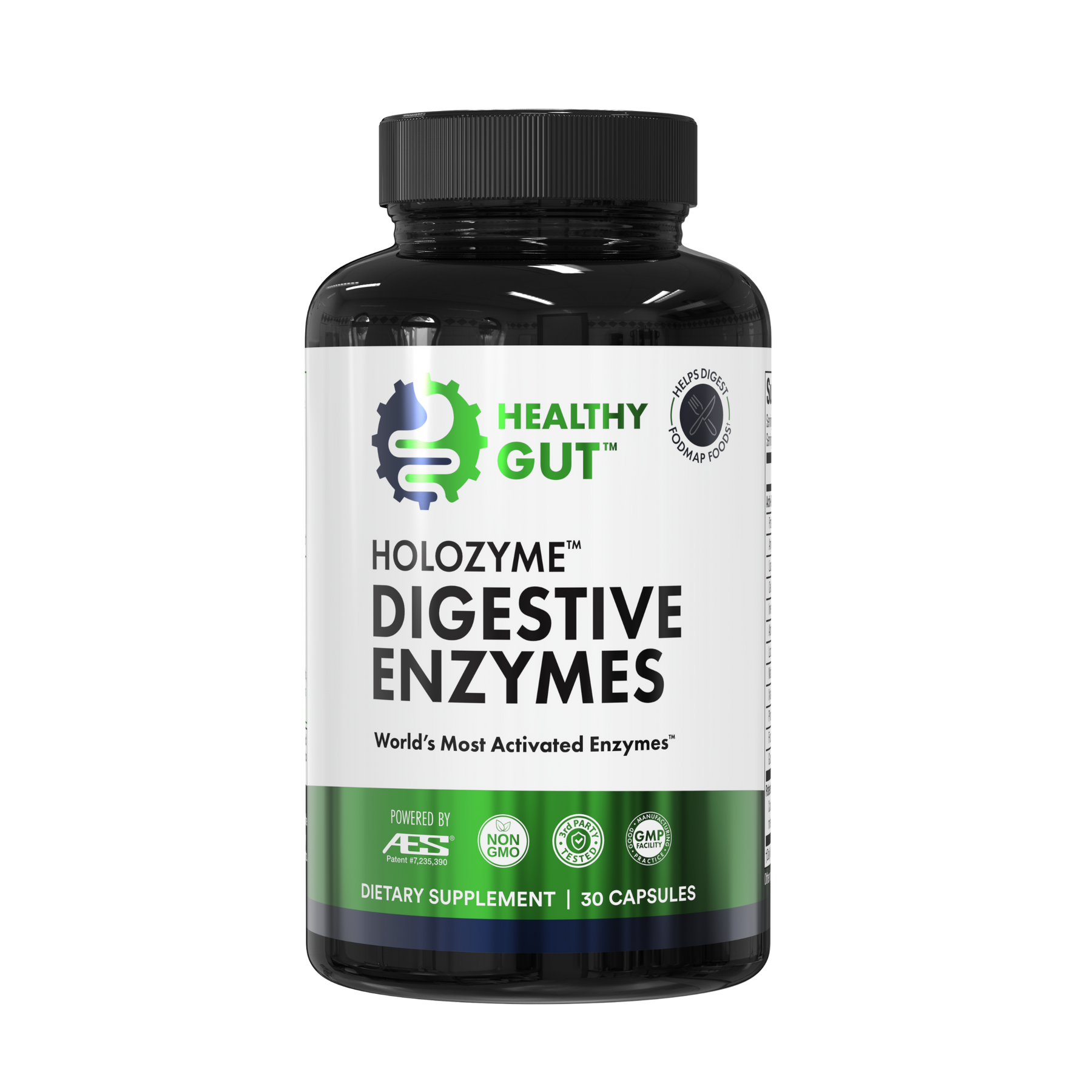 HoloZyme Digestive Enzymes supplement bottle for optimal nutrient absorption by Healthy Gut.