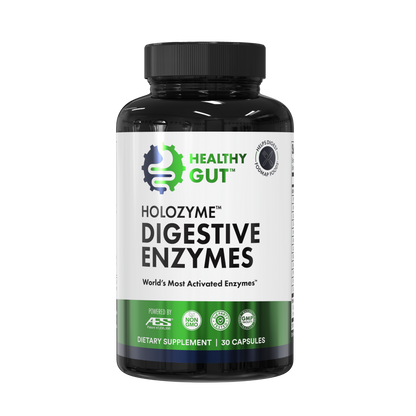 HoloZyme Digestive Enzymes supplement bottle for optimal nutrient absorption by Healthy Gut.