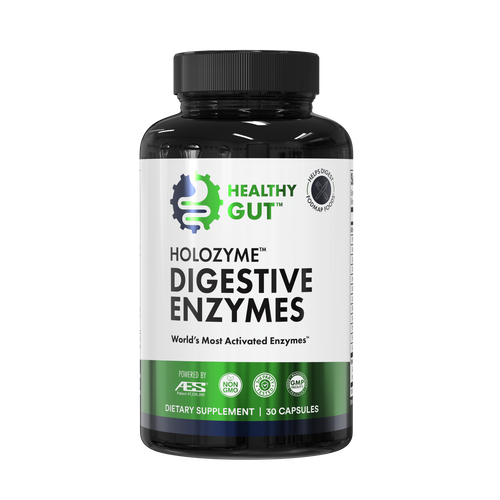 HoloZyme Digestive Enzymes supplement bottle for optimal nutrient absorption by Healthy Gut.