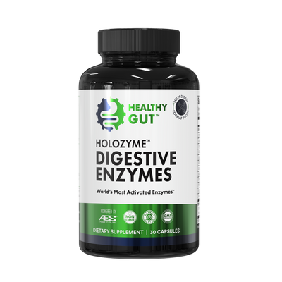 HoloZyme Digestive Enzymes supplement bottle for optimal nutrient absorption by Healthy Gut.