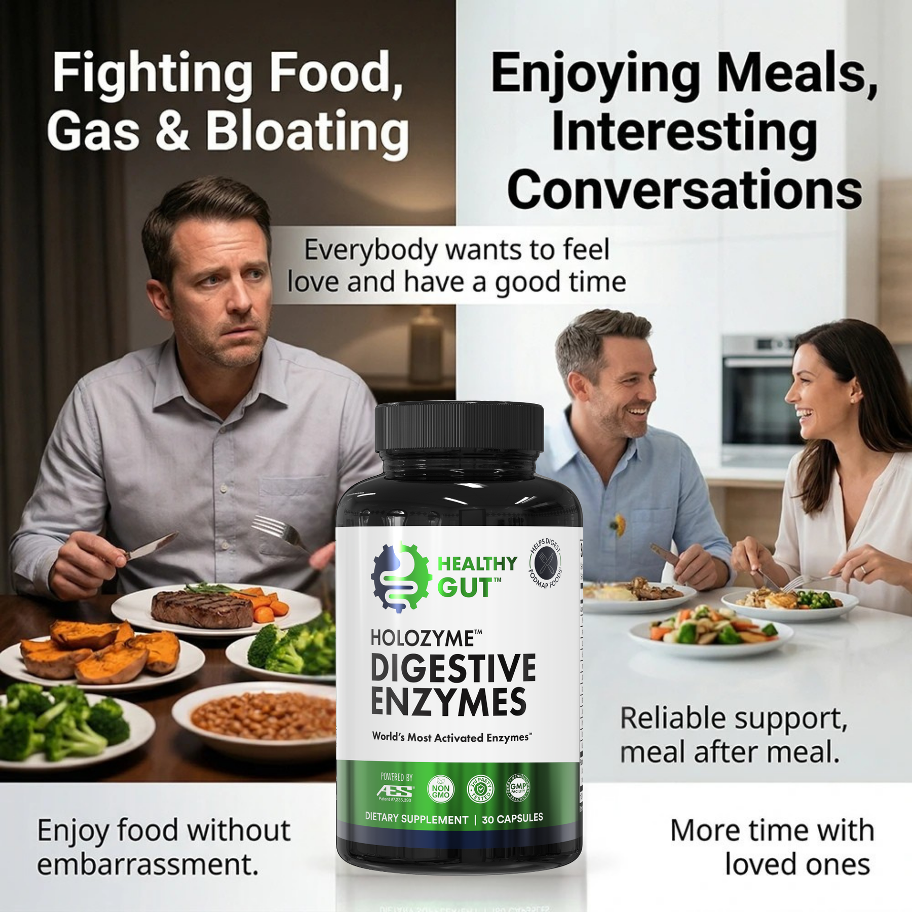 HoloZyme Digestive Enzymes bottle with people enjoying meals, emphasizing digestive health and comfort.