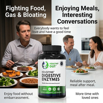 HoloZyme Digestive Enzymes bottle with people enjoying meals, emphasizing digestive health and comfort.
