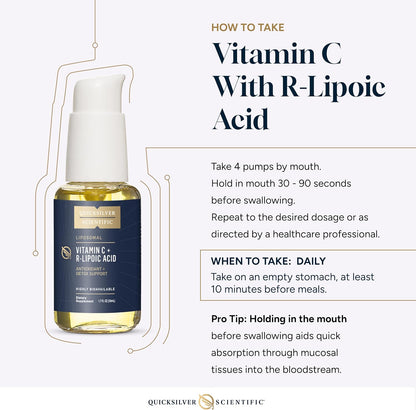 Vitamin C with R-Lipoic Acid bottle and usage instructions on a white background