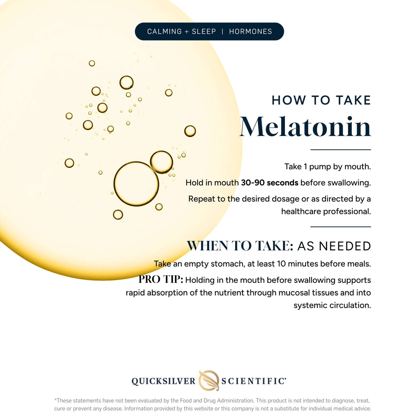 Instructions for taking Nanoemulsified Melatonin Liquid by Quicksilver Scientific, including dosage guidelines.