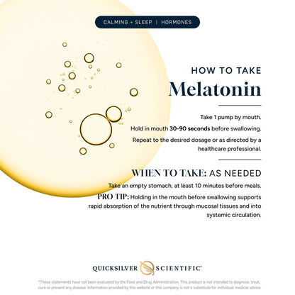 Instructions for taking Nanoemulsified Melatonin Liquid by Quicksilver Scientific, including dosage guidelines.