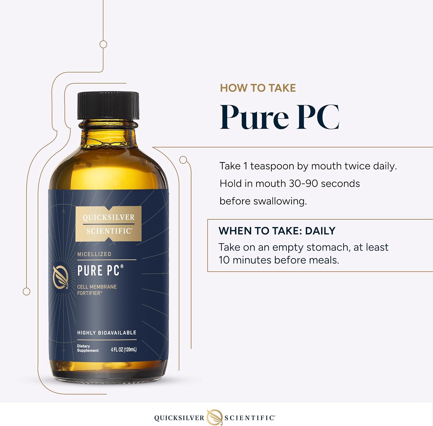 Bottle of Quicksilver Scientific Pure PC supplement with usage instructions on a white background