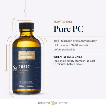 Bottle of Quicksilver Scientific Pure PC supplement with usage instructions on a white background
