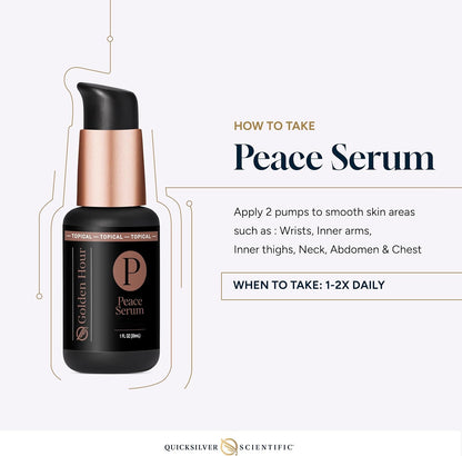 Peace Serum bottle with usage instructions on a white background