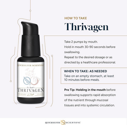 Thrivagen supplement bottle with usage instructions on a white background