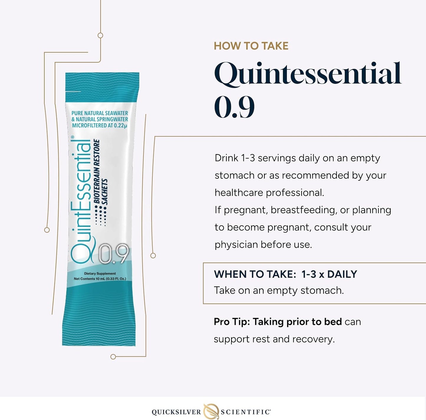 Quintessential 0.9 supplement package with usage instructions on a white background