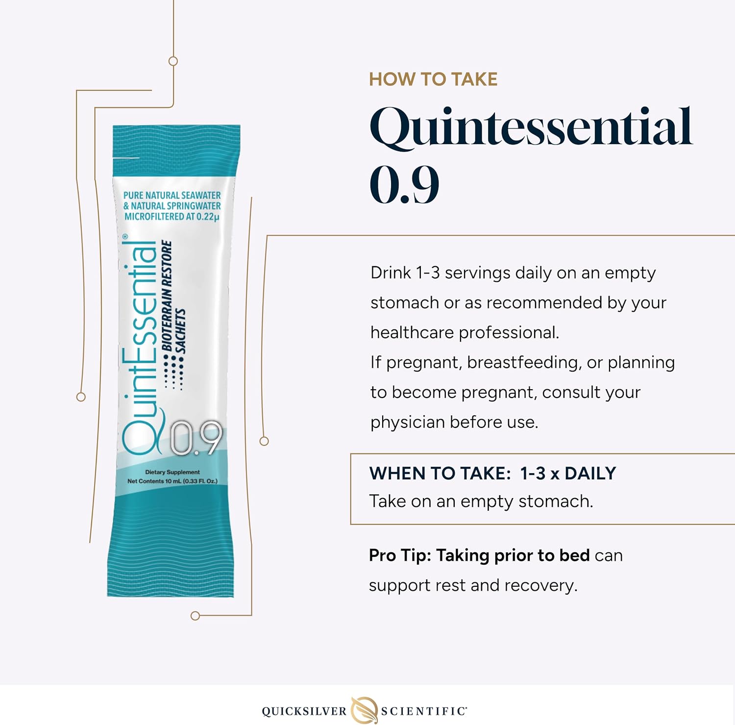 Quintessential 0.9 supplement package with usage instructions on a white background