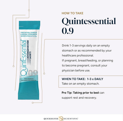 Quintessential 0.9 supplement package with usage instructions on a white background