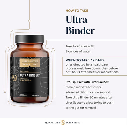 Quicksilver Scientific Ultra Binder supplement bottle with usage instructions on a white background