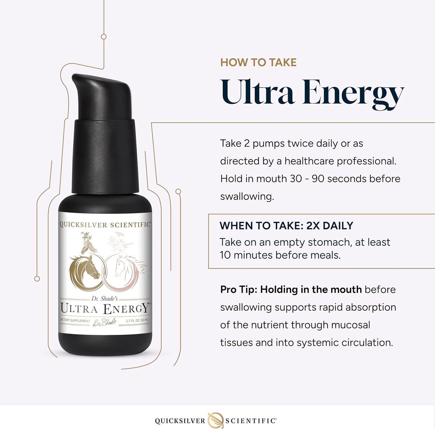 Quicksilver Scientific Ultra Energy supplement bottle with usage instructions on a white background