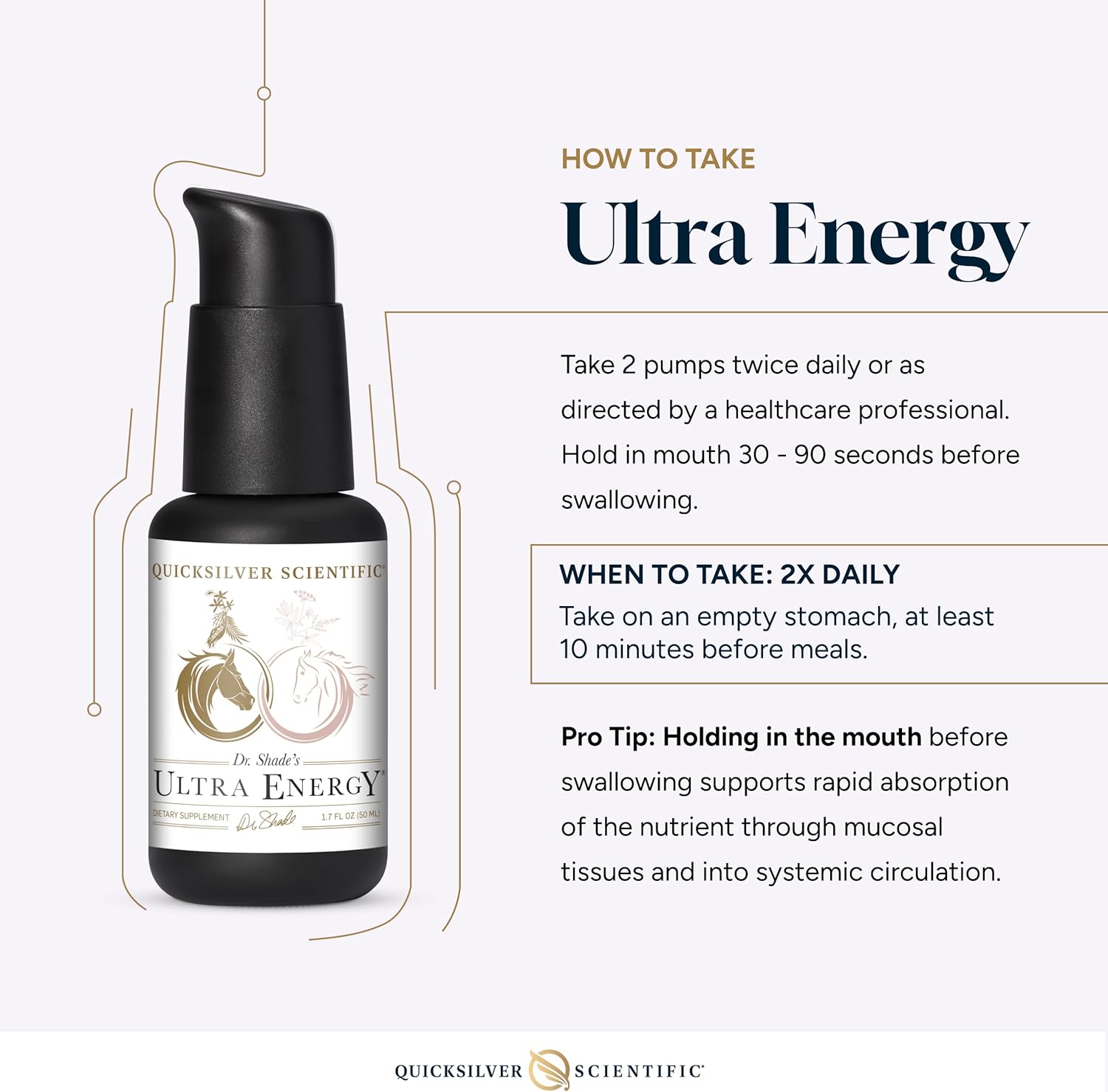 Quicksilver Scientific Ultra Energy supplement bottle with usage instructions on a white background