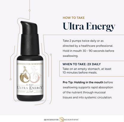 Quicksilver Scientific Ultra Energy supplement bottle with usage instructions on a white background
