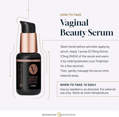 Vaginal beauty serum bottle with usage instructions on a white background