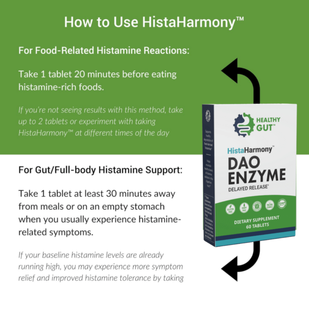 HistaHarmony DAO Enzyme supplement packaging with usage instructions on a green background