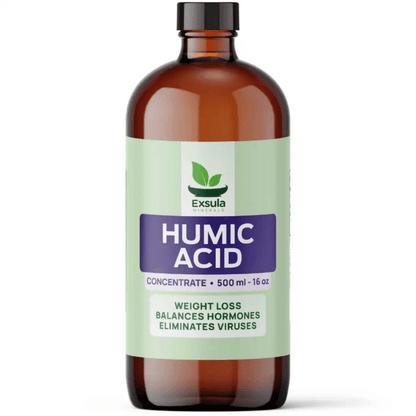 Exsula Minerals Humic Acid Supplement concentrate bottle for weight loss and hormone balance.