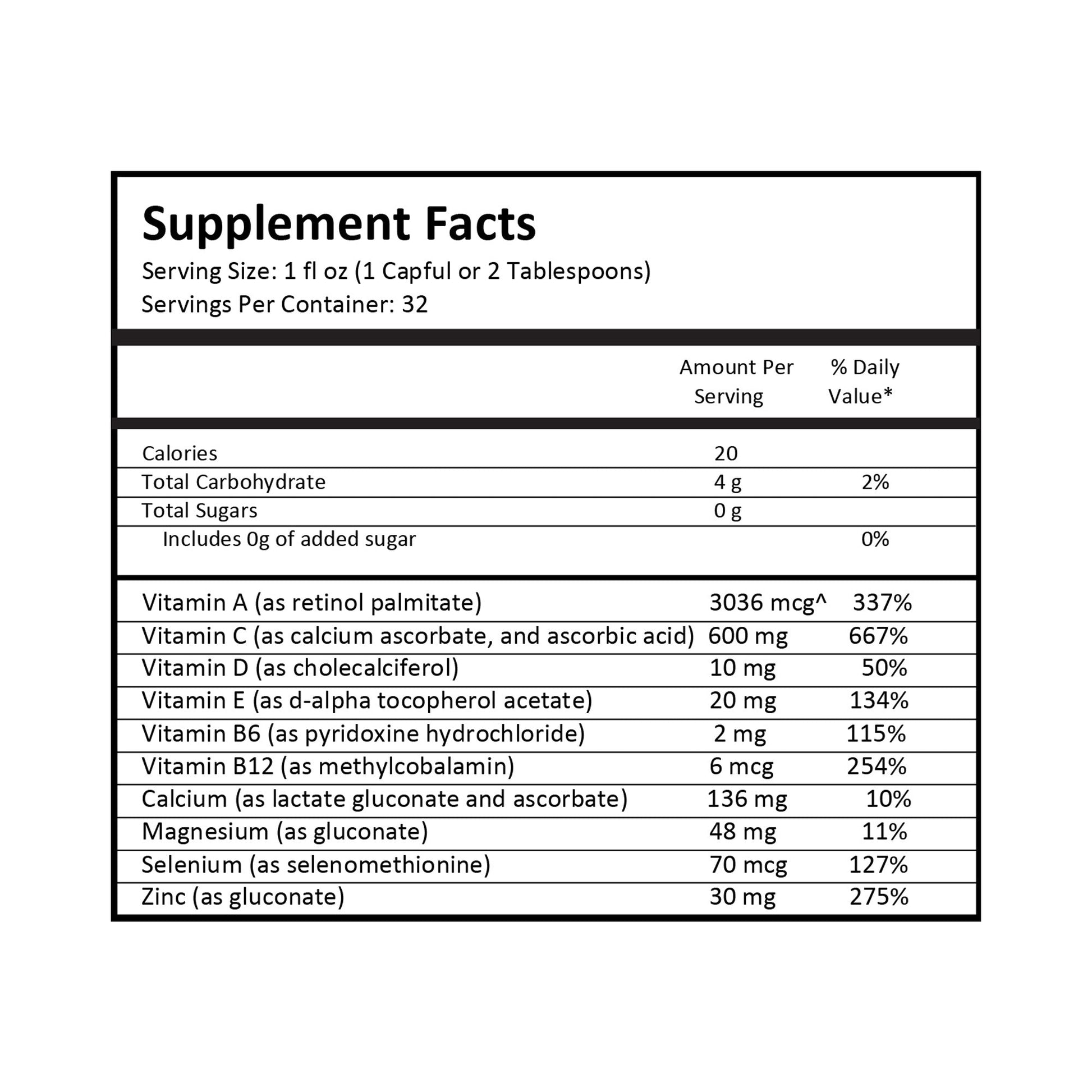 Supplement facts for intraIMMUNE showing comprehensive immune support nutrients and their amounts per serving.