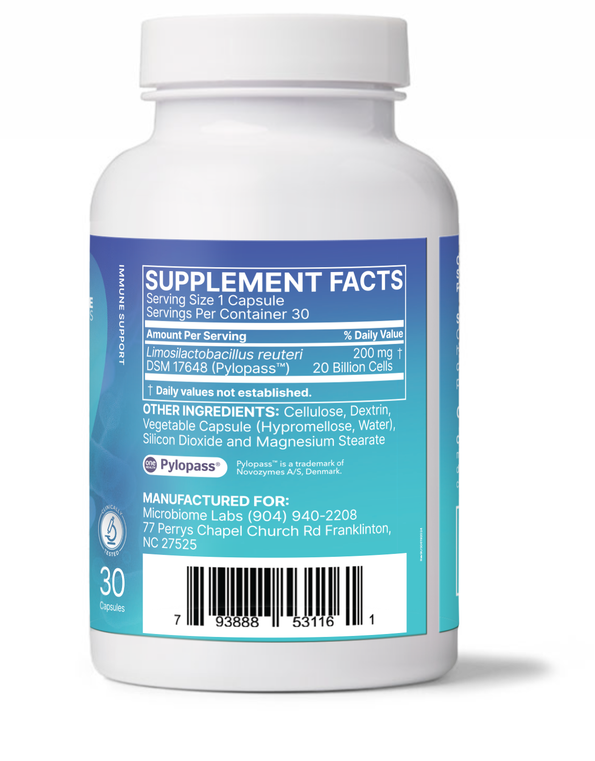 PlyoGuard targeted stomach probiotic supplement facts with capsule details and ingredients from Microbiome Labs