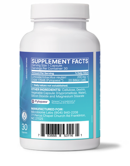 PlyoGuard targeted stomach probiotic supplement facts with capsule details and ingredients from Microbiome Labs