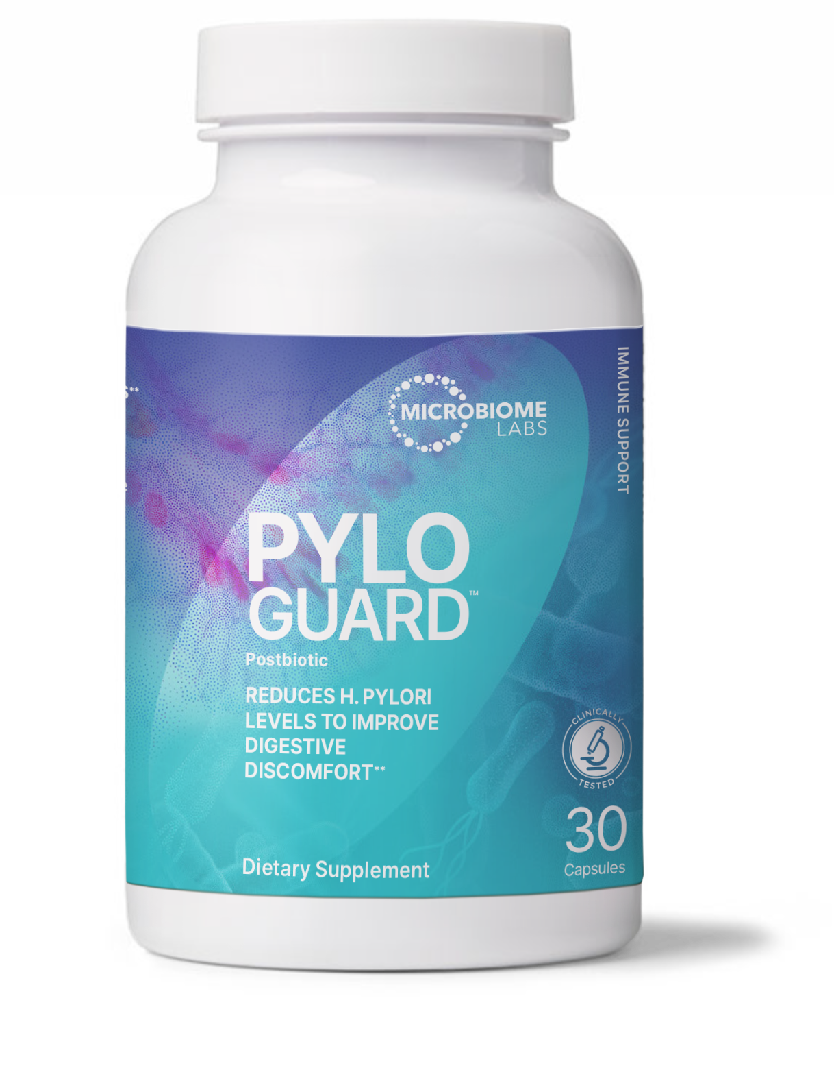 PlyoGuard Targeted Stomach Probiotic supplement bottle by Microbiome Labs.