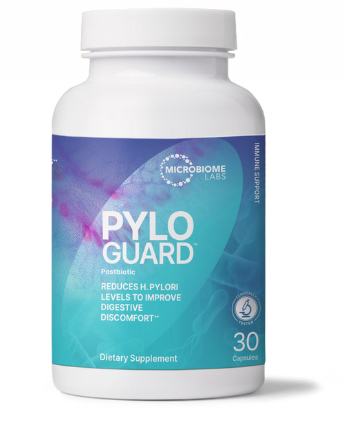 PlyoGuard Targeted Stomach Probiotic supplement bottle by Microbiome Labs.