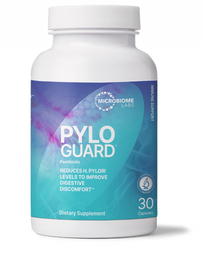 PlyoGuard Targeted Stomach Probiotic supplement bottle by Microbiome Labs.