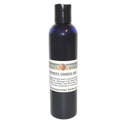 Bottle of Infinity Ormus Oil with a label on a white background