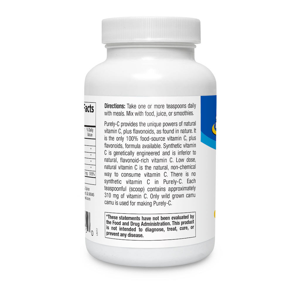 Whole Food Vitamin C Supplement - Purely-C directions and nutritional information on the label.