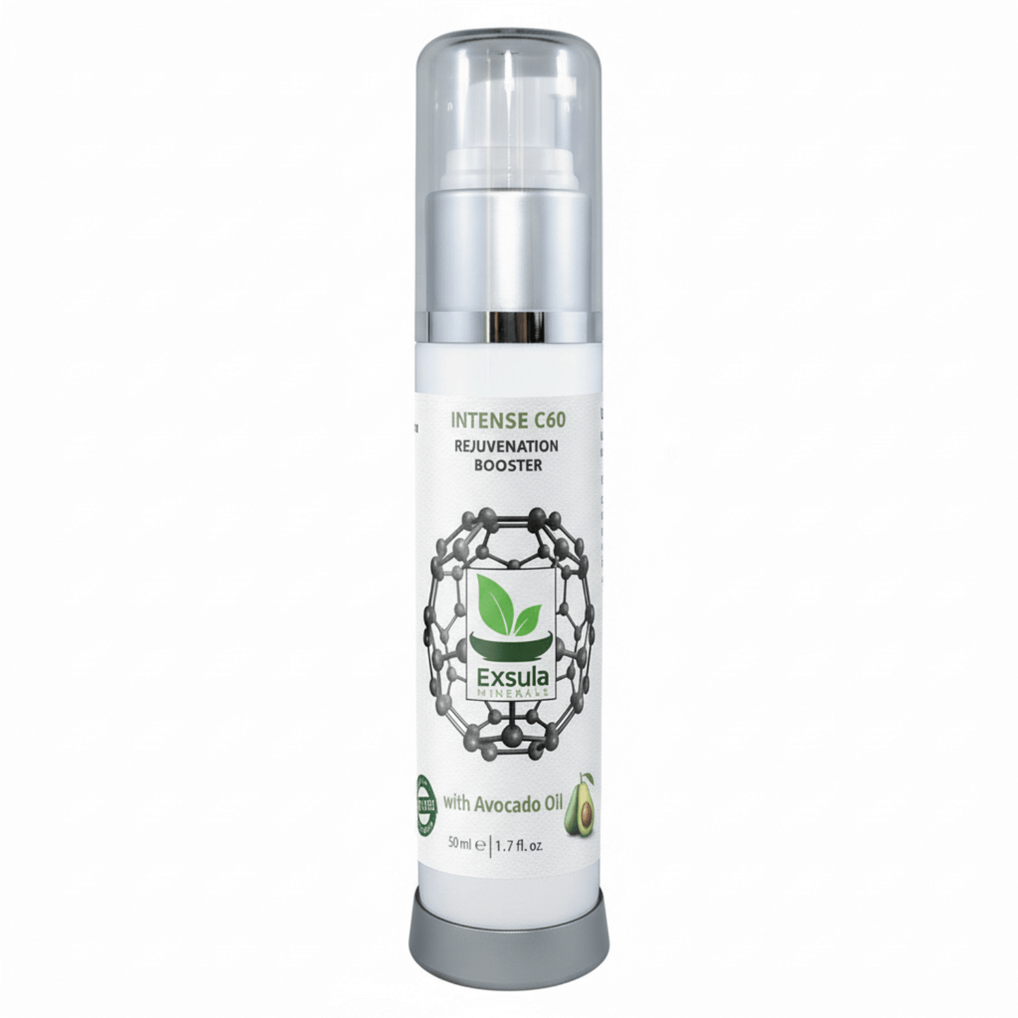 Intense C60 Longevity Supplement bottle with avocado oil by Exsula, designed for skin rejuvenation.