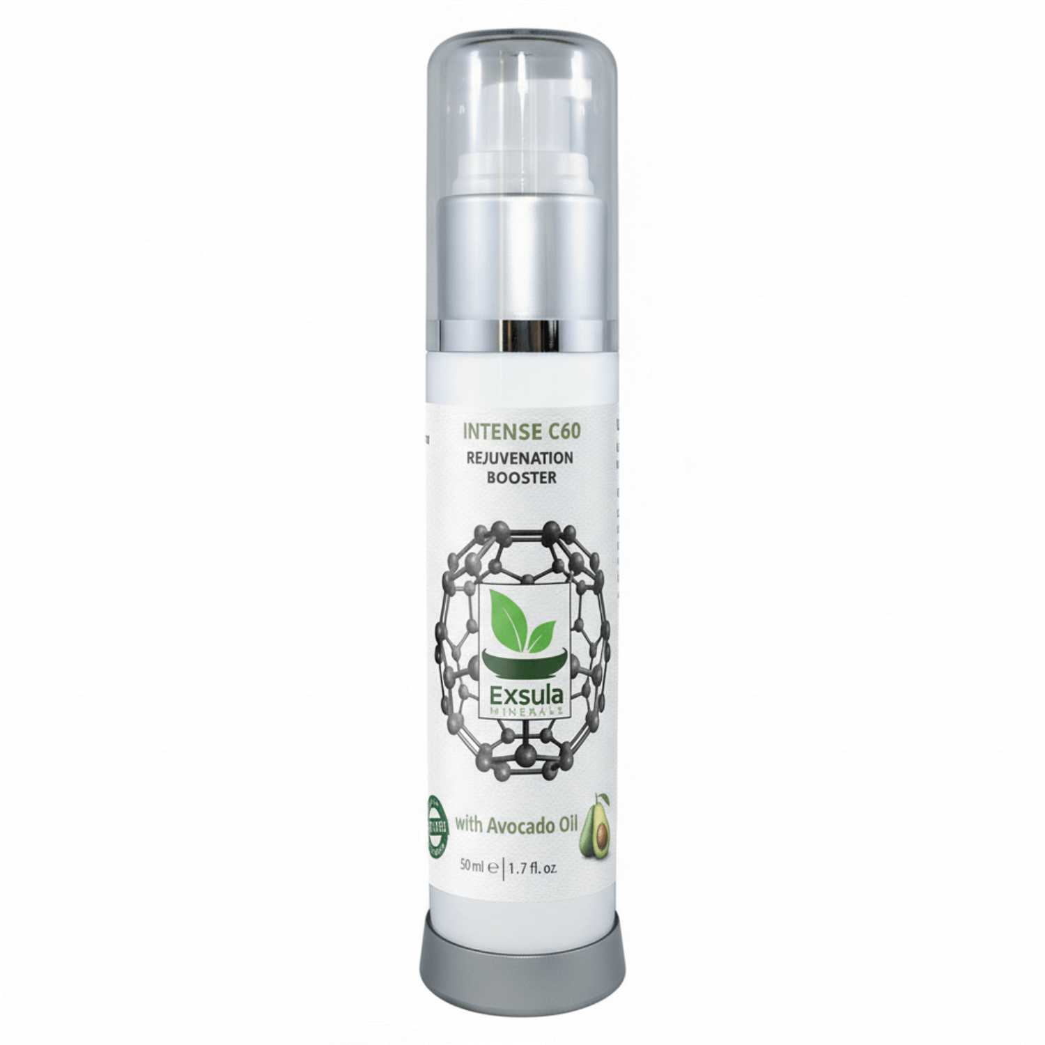 Intense C60 Longevity Supplement bottle with avocado oil by Exsula, designed for skin rejuvenation.