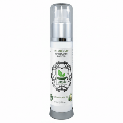 Intense C60 Longevity Supplement bottle with avocado oil by Exsula, designed for skin rejuvenation.