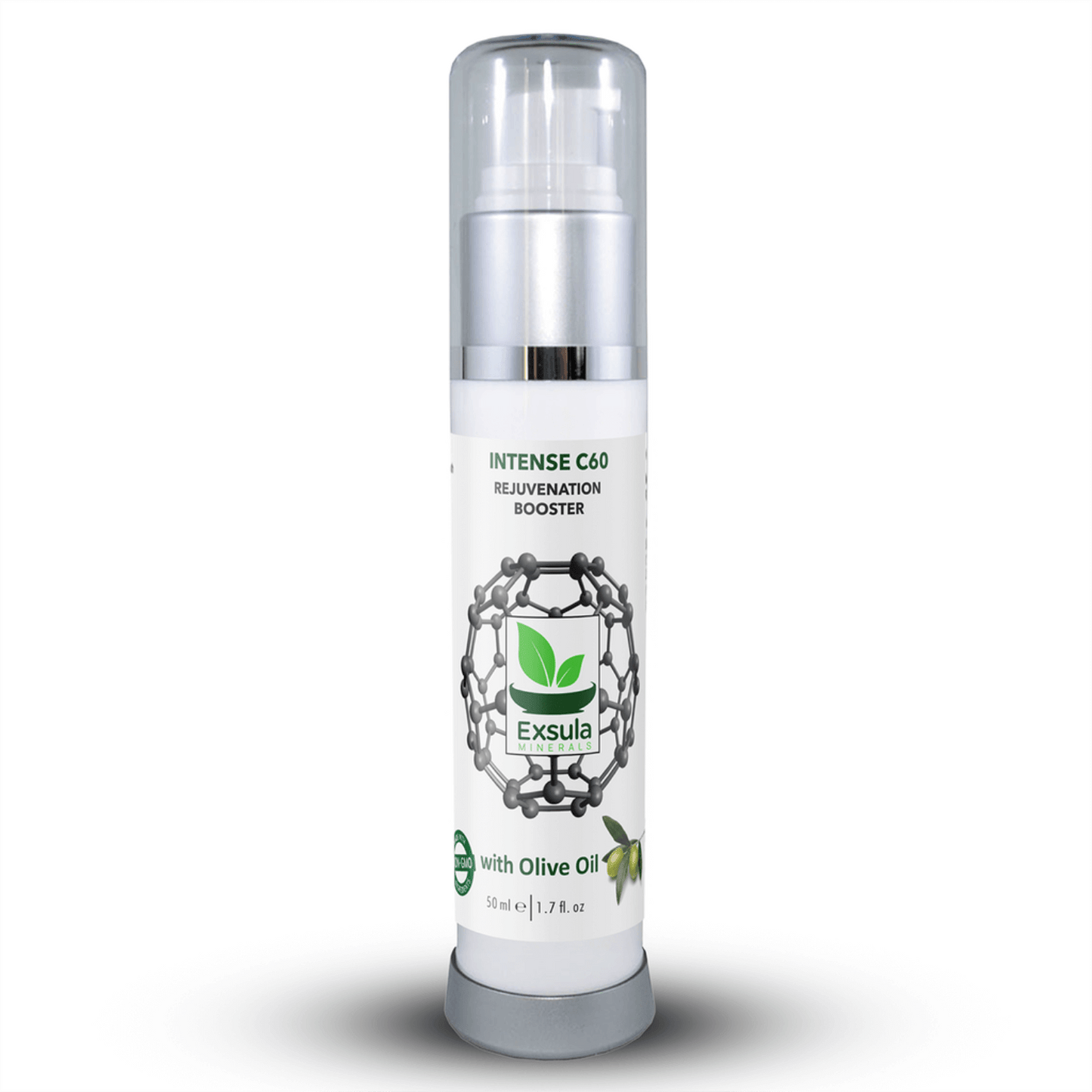 Intense C60 Longevity Supplement bottle from Exsula Minerals with olive oil, rejuvenation booster for daily wellness.