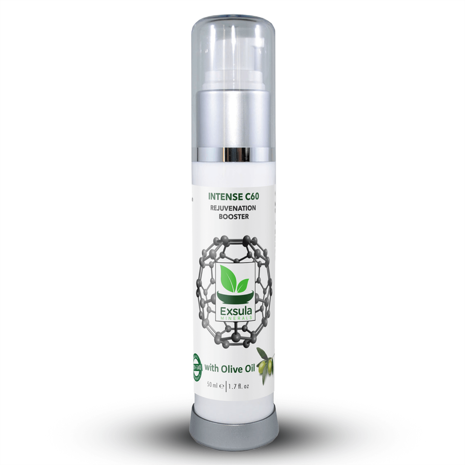 Intense C60 Longevity Supplement bottle from Exsula Minerals with olive oil, rejuvenation booster for daily wellness.