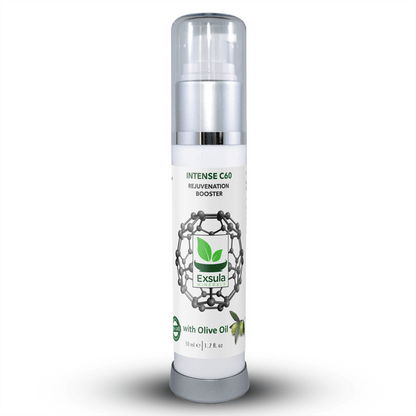 Intense C60 Longevity Supplement bottle from Exsula Minerals with olive oil, rejuvenation booster for daily wellness.