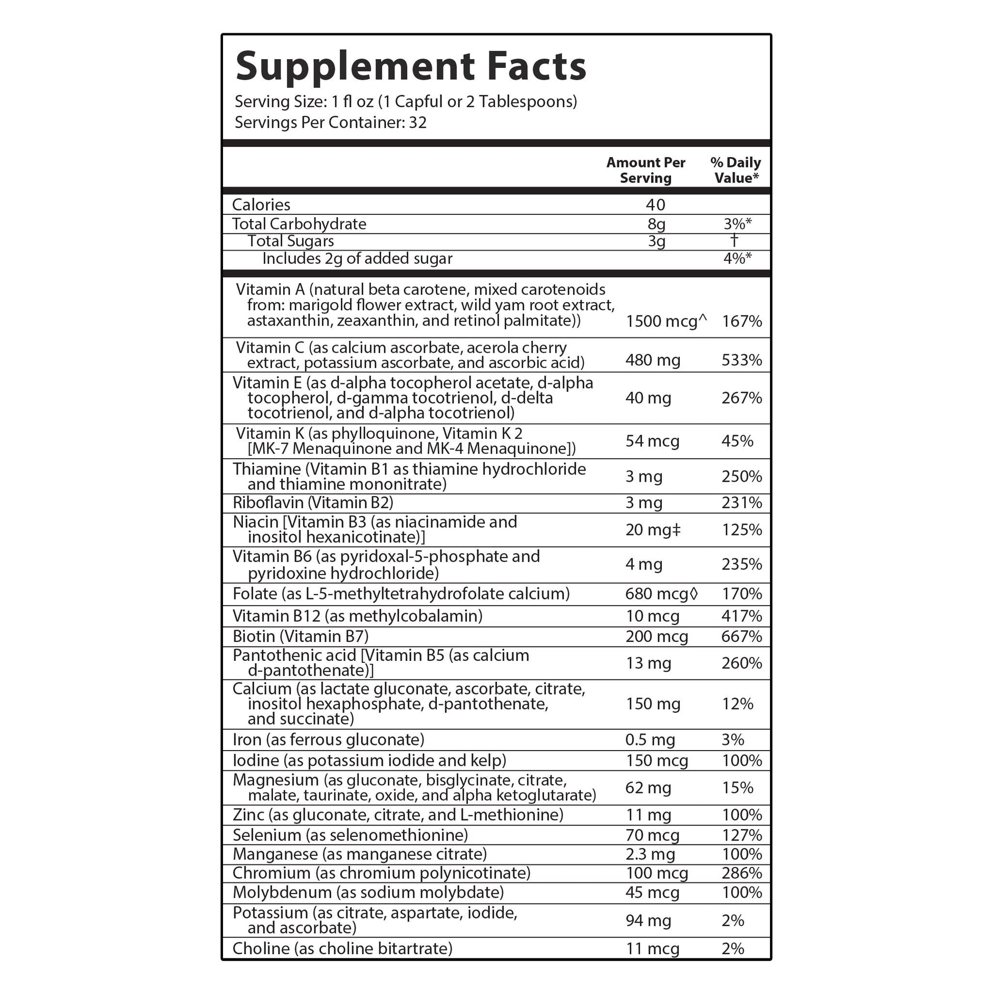 Supplement facts panel for intraKID liquid vitamin for kids, detailing ingredients and nutritional information.
