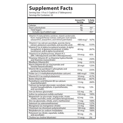 Supplement facts panel for intraKID liquid vitamin for kids, detailing ingredients and nutritional information.