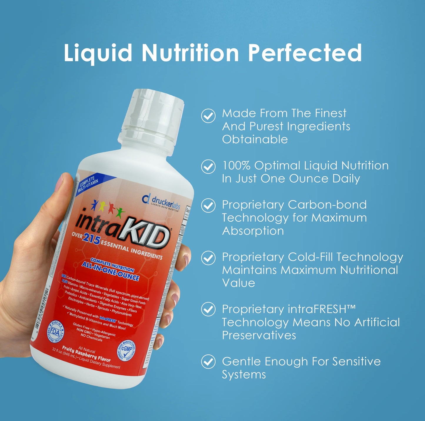 intraKID Liquid Vitamin for Kids bottle featuring 215 essential ingredients for optimal nutrition.