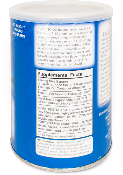 Inulation Prebiotic supplement canister with directions and nutritional facts for Digestive and Immune Support.