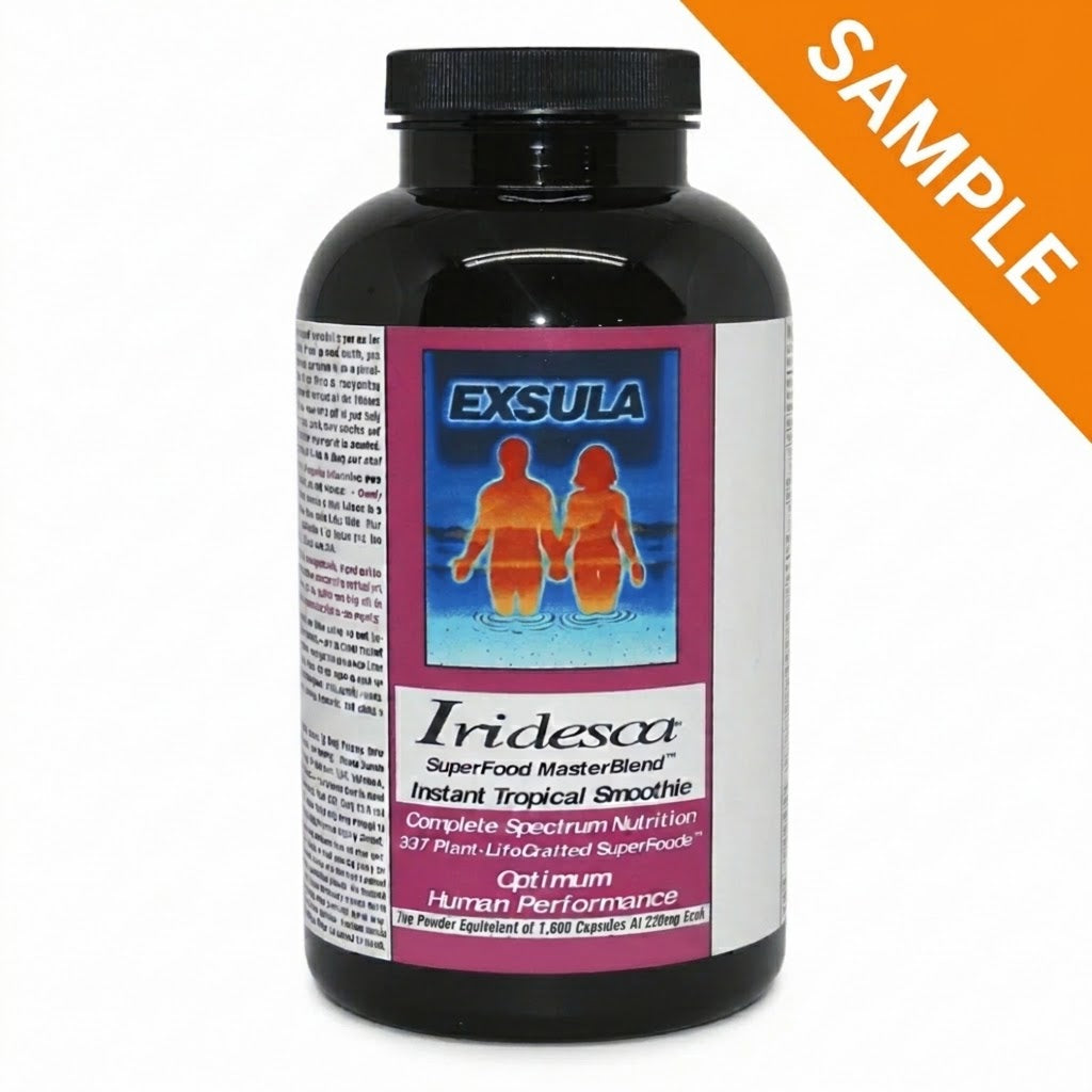 Iridesca - Professional Grade Complete Superfood in a bottle, showcasing nutritional benefits and health information.