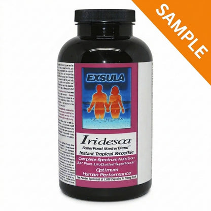 Iridesca - Professional Grade Complete Superfood in a bottle, showcasing nutritional benefits and health information.