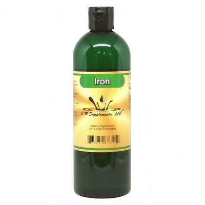 Ionic Liquid Mineral supplement in a bottle labeled Iron by CR Supplements.