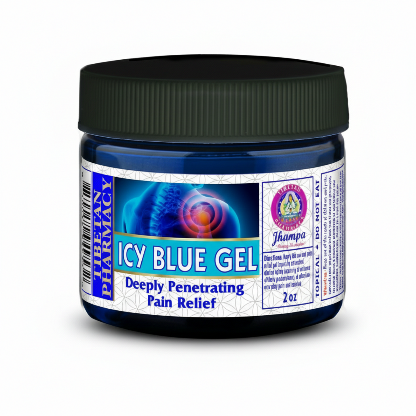 Jar of Jampha Tibetan Pharmacy Icy Blue Gel, Deeply Penetrating Pain Relief 2oz with label on a white background