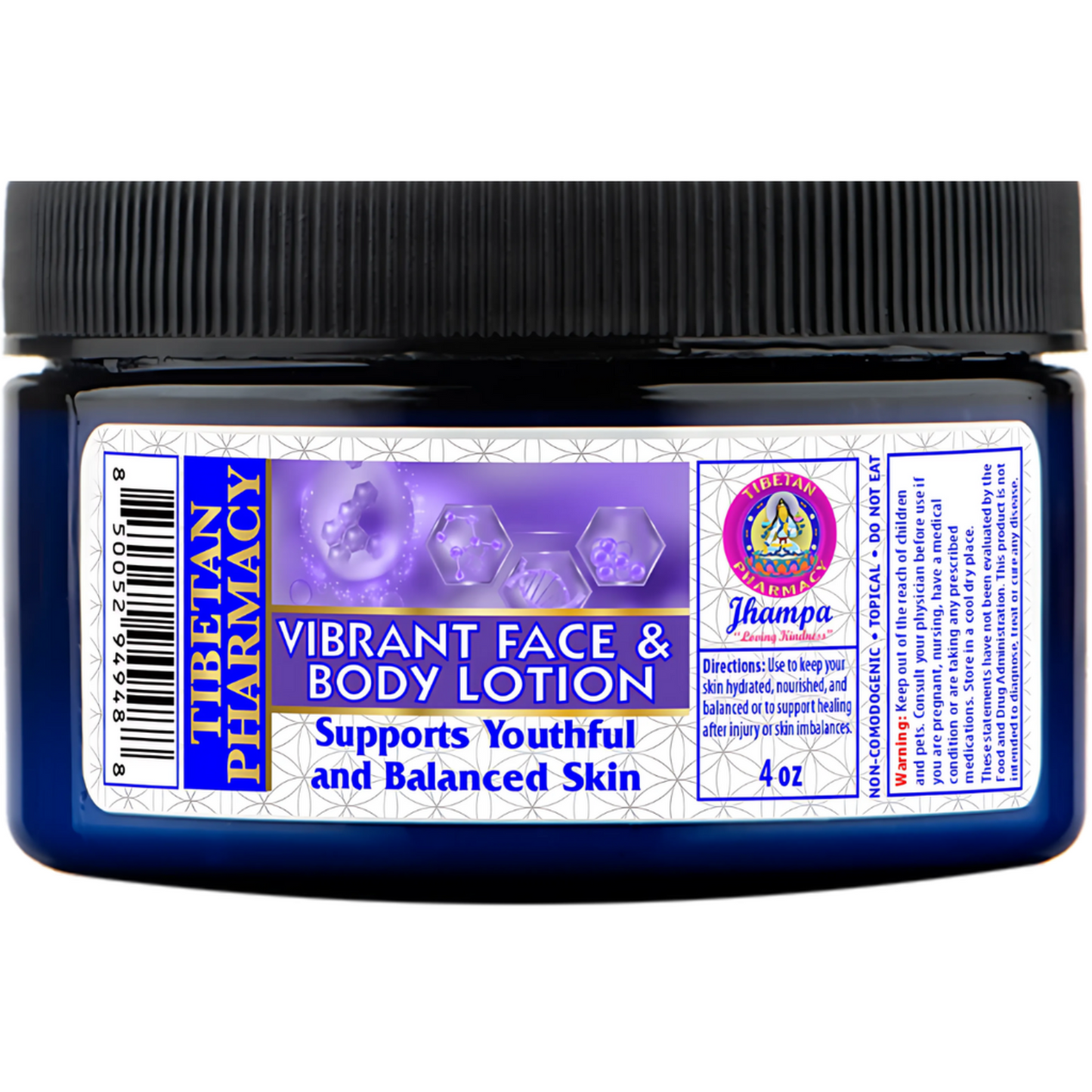 Jar of Tibetan Pharmacy Vibrant Face & Body Lotion with label on a white background