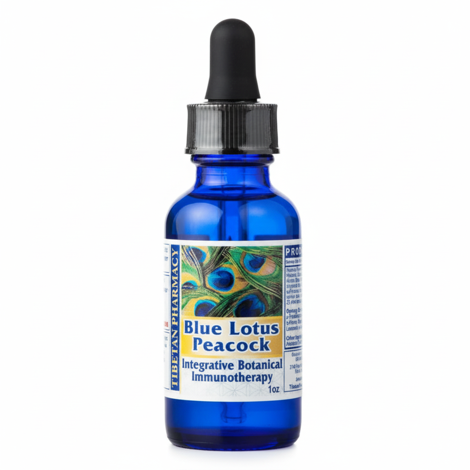blue glass dropper bottle with black rubber lid and white label with blue text and peacock feather, Tibetan Pharmacy Blue Lotus Peacock, Integrative Botanical Immunotherapy, 1oz